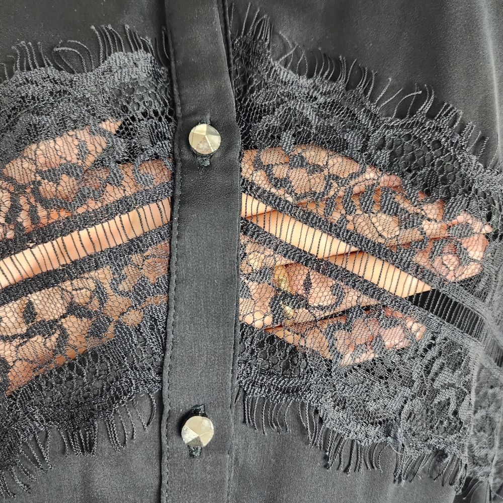 iO Lace Accent Sleeveless Blouse Button Front Top in Black - Picture 6 of 10
